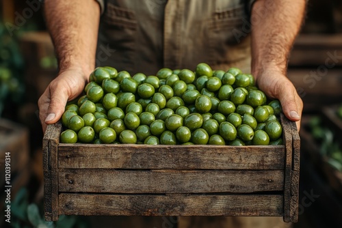 Granjero con caja de aceitunas.