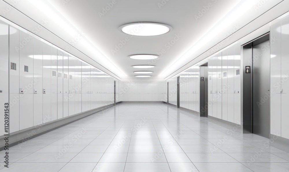 Fototapeta premium Modern, bright hallway with white walls, tiled floor, and elevator.