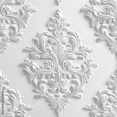 Elegant White Ornamental Wallpaper Design Featuring Intricate Floral Patterns, Perfect for Home Decor and Interior Design Projects with a Luxurious Feel and Timeless Appeal