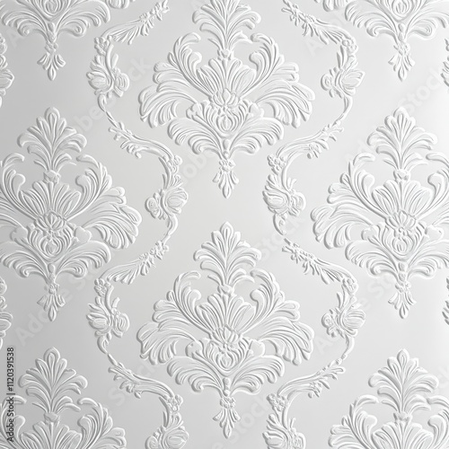 Elegant White Damask Pattern Wallpaper with Intricate Textures and Decorative Motifs for Stylish Interior Design and Home Decor Inspiration