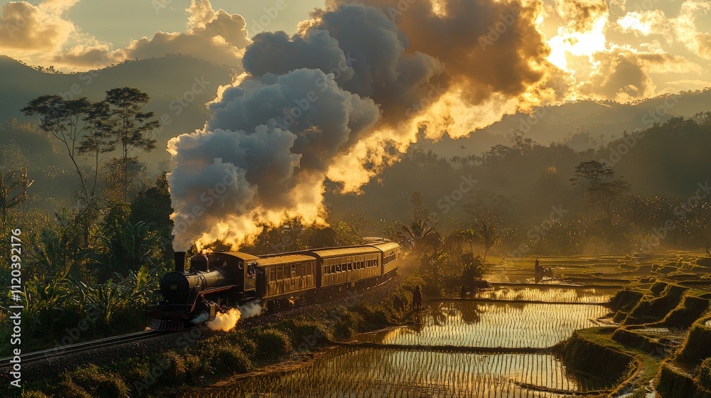 Fototapeta premium Majestic Vintage Train Journey Through Lush Rice Fields at Dawn with Dramatic Clouds and Scenic Mountains in the Background