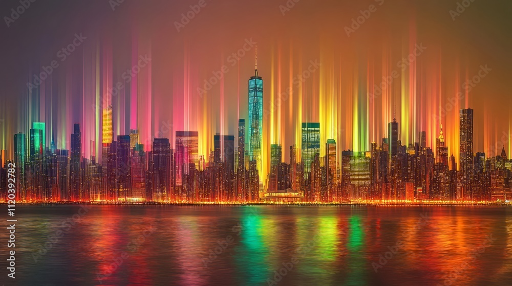 Vibrant city skyline at night, colorful lights.