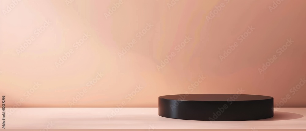 Sleek black circular pedestal placed on a neutral beige surface with soft, warm lighting and a peach-toned background. Perfect for minimalist product displays Sleek black circular pedestal placed on a neutral beige surface with soft, warm lighting and a peach-toned background. Perfect for minimalist product displays