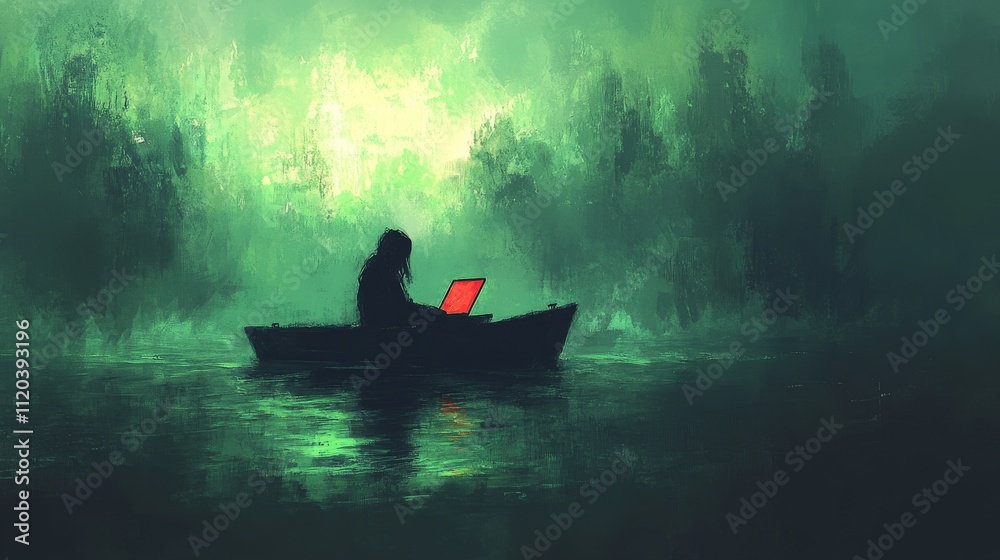 Fototapeta premium A solitary figure types on a laptop in a small boat surrounded by misty green waters and ethereal trees, portraying the fusion of technology and nature during twilight.