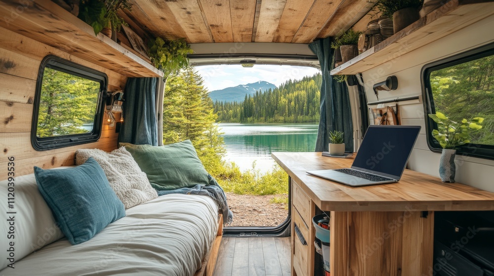 Cozy and Inviting Interior of a Van with Wooden Decor Overlooking a Scenic Lake Surrounded by Trees and Mountains in a Tranquil Outdoor Environment Cozy and Inviting Interior of a Van with Wooden Decor Overlooking a Scenic Lake Surrounded by Trees and Mountains in a Tranquil Outdoor Environment
