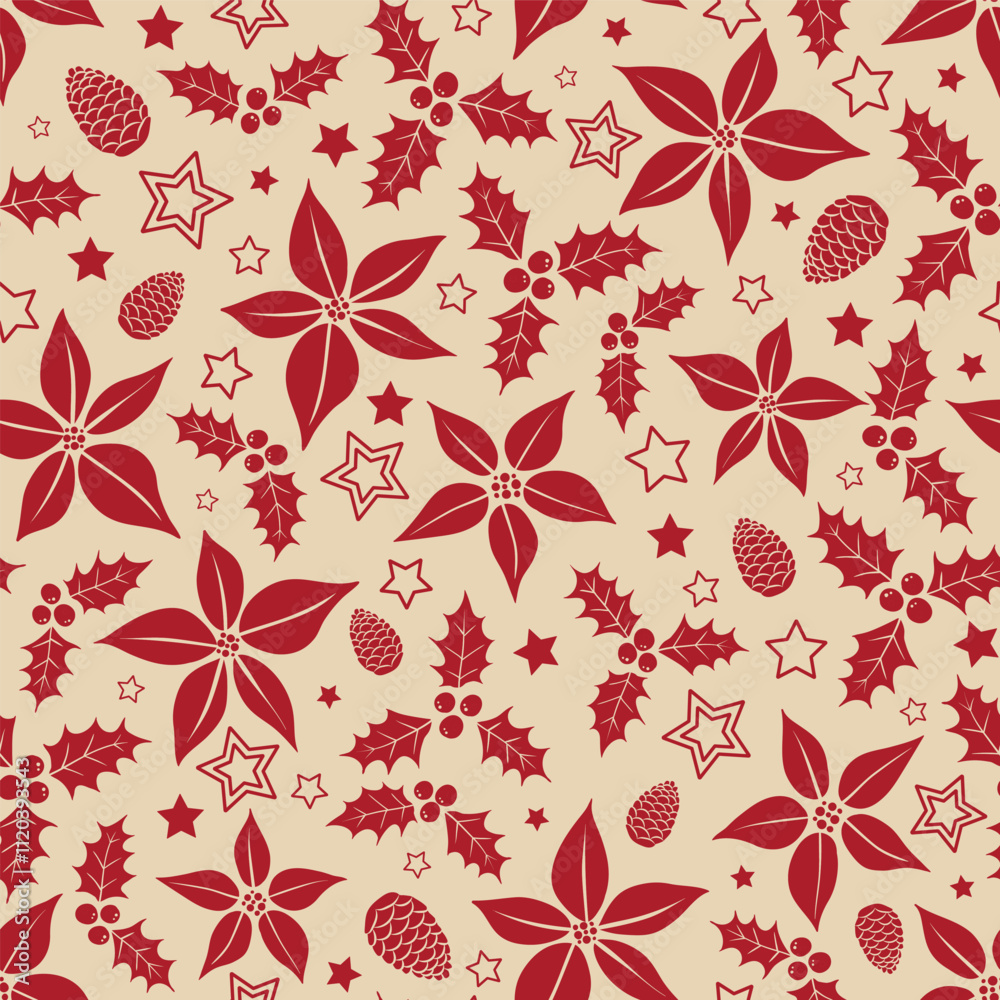 Vector red Christmas floral ditsy seamless pattern background. Ideal for Christmas gifts and decorations. Perfect for fabric, wallpaper, wrapping, scrapbooking and stationery. Surface pattern design.