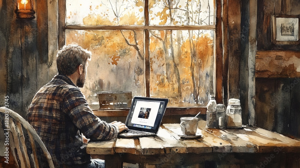 Cozy Scene with Man Working on Laptop by Window in Rustic Cabin Surrounded by Autumn Leaves and Warm Light Creating Inviting Atmosphere for Creativity and Inspiration Cozy Scene with Man Working on Laptop by Window in Rustic Cabin Surrounded by Autumn Leaves and Warm Light Creating Inviting Atmosphere for Creativity and Inspiration
