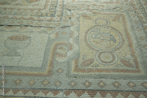 Obraz na płótnie Floor mosaics from Byzantine times VI AD. They depicting walking birds, geometric ornaments and stylized fruits. Authors are unknown w salonie