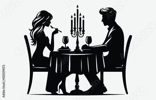 Couple Candle Light Dinner Silhouette Romantic Evening Dining Love Symbols Valentine’s Day Graphics