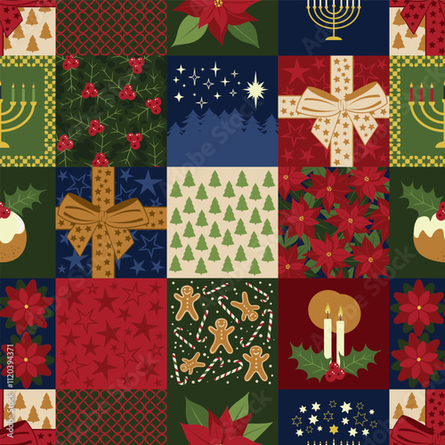 Vector Christmas cheat quilt seamless pattern background. Ideal for Christmas gifts and decorations. Perfect for wrapping, sewing, quilting and scrapbooking projects. Surface pattern design.