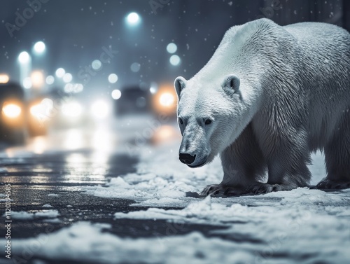 Oso polar buscando alimento entre las calles de París, concepto de invierno intenso en la ciudad. photo