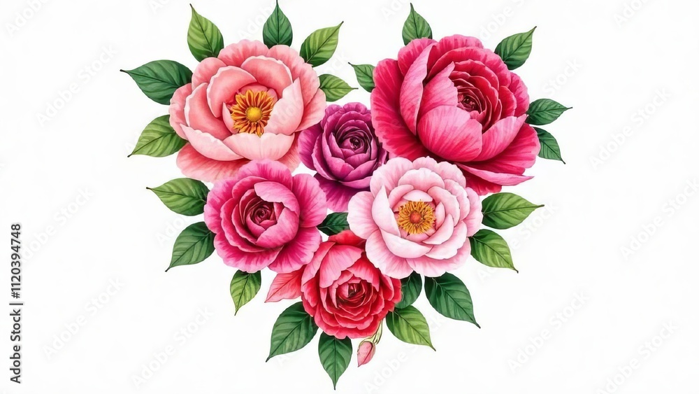 An illustration of a heart composed of various flowers peonies, tulip and roses and green leaves. Bright, elegant design,card, poster, wallpaper,valentine's day, love An illustration of a heart composed of various flowers peonies, tulip and roses and green leaves. Bright, elegant design,card, poster, wallpaper,valentine's day, love