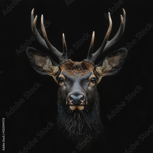 Majestic stag with intricate antlers captured in a stunning close-up on a dark background.
