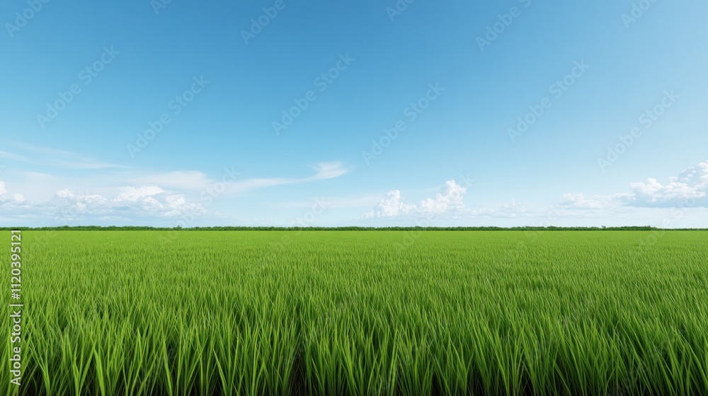 Lush green field under a clear blue sky with scattered clouds. Lush green field under a clear blue sky with scattered clouds.