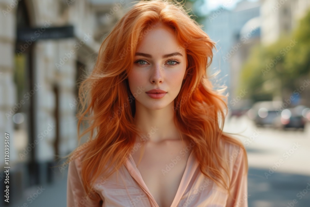 Obraz premium Elegant red-haired woman with wavy hair, blue eyes, and a peach blouse stands on a sunny urban street. Soft lighting enhances her natural beauty.