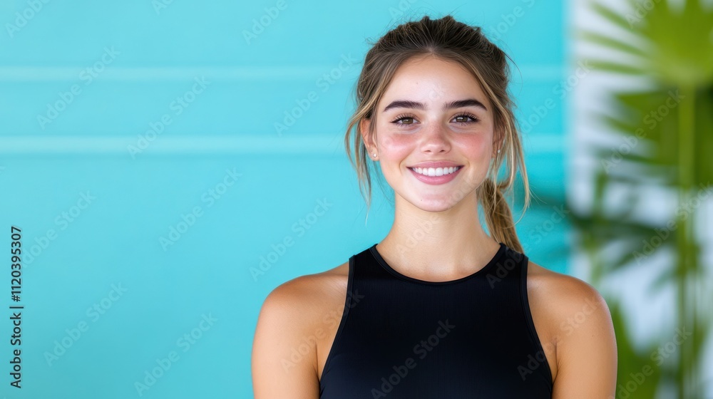 A smiling young woman in a casual setting with a vibrant background. A smiling young woman in a casual setting with a vibrant background.