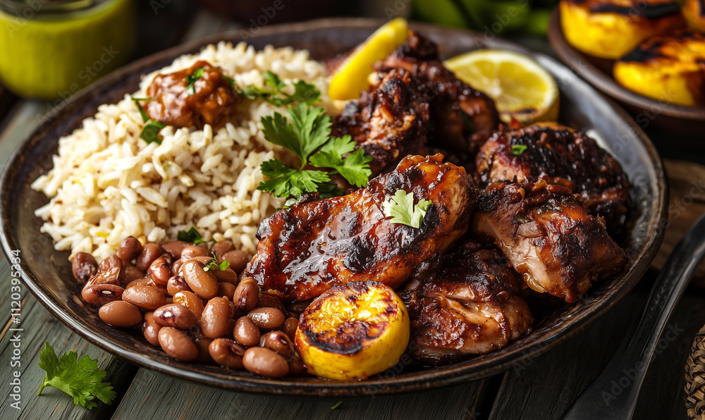 A vibrant plate of grilled chicken served with rice, beans, and garnished with lemon and cilantro, showcasing a delicious and hearty meal. A vibrant plate of grilled chicken served with rice, beans, and garnished with lemon and cilantro, showcasing a delicious and hearty meal.
