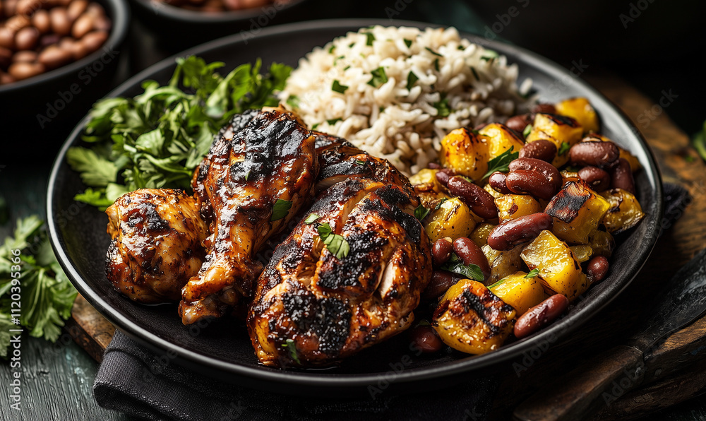 A vibrant plate featuring grilled chicken, rice, beans, and roasted vegetables, garnished with fresh herbs for a colorful and appetizing meal. A vibrant plate featuring grilled chicken, rice, beans, and roasted vegetables, garnished with fresh herbs for a colorful and appetizing meal.