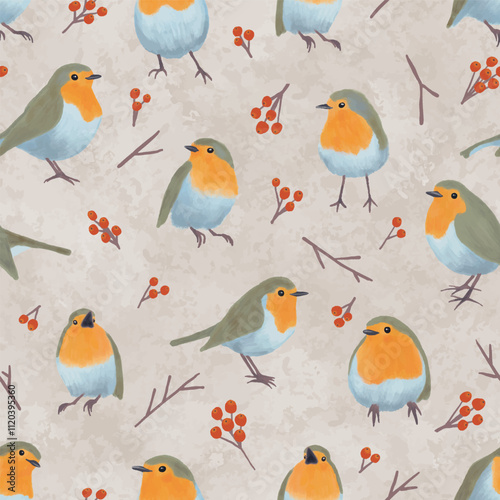 Vector Autumn Robins in Berries background pattern print. Ideal for seasonal gifts and decorations. Perfect for fabric, wallpaper, wrapping, scrapbooking and stationery. Surface pattern design.
