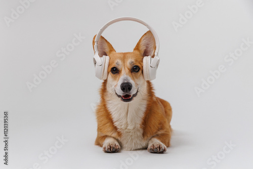 Stylish corgi in headphones enjoying tunes, a perfect blend of tech and cuteness