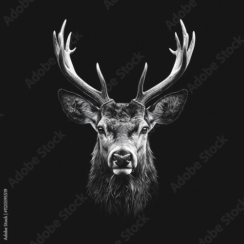 Monochrome illustration of a majestic stag with detailed antlers on a dark background.
 photo