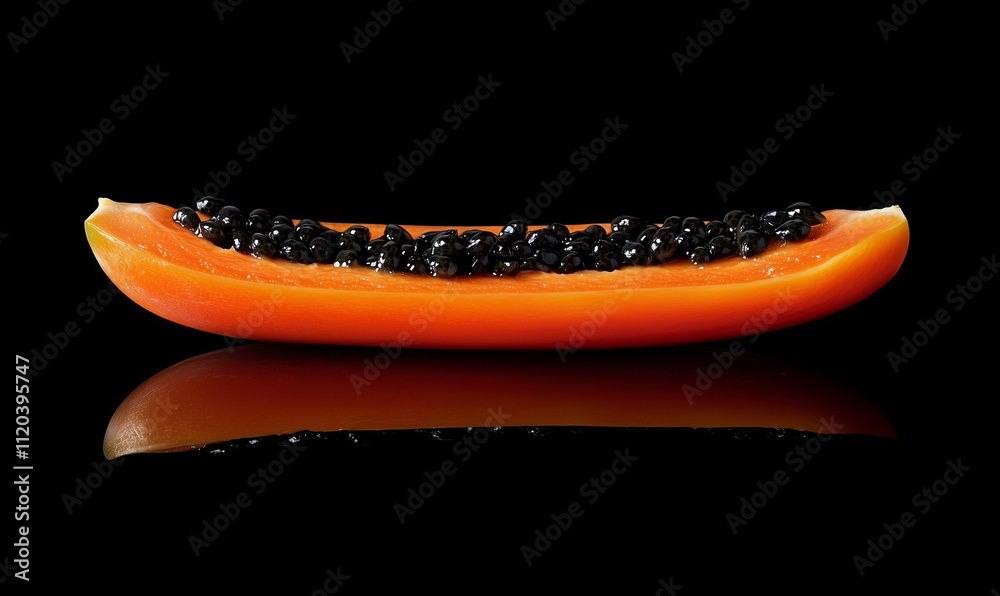 A vibrant half papaya showcasing its bright orange flesh and dark seeds, set against a sleek black background. A vibrant half papaya showcasing its bright orange flesh and dark seeds, set against a sleek black background.