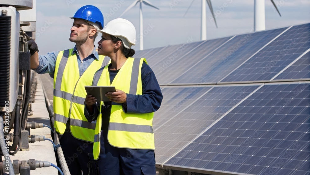 Employees wearing safety gear overseeing machinery operated by electricity generated from onsite renewable resources such as solar and wind. Employees wearing safety gear overseeing machinery operated by electricity generated from onsite renewable resources such as solar and wind.