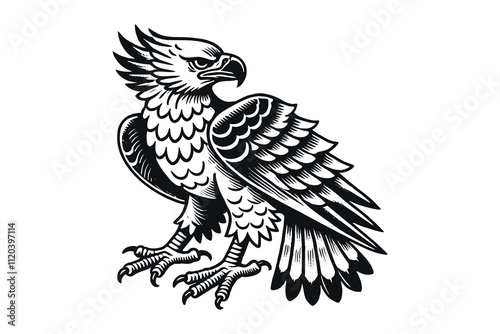 Eagle gargoyle in black line art, traditional old-school tattoo style