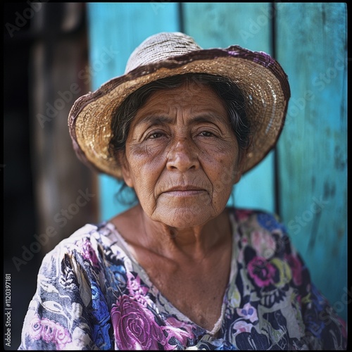Retrato de señora, de 50 años latina, cansada de trabajar posando delante de su casa. Concepto de pobreza y dificultad cotidiana.