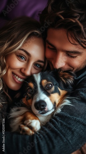 Pareja de jovenes apuestos adoptando cachorro de perro, concepto de cariño a los perros.  Linda mascota canina.