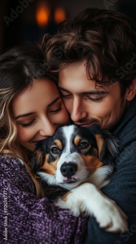 Pareja de jovenes apuestos adoptando cachorro de perro, concepto de cariño a los perros.  Linda mascota canina. photo