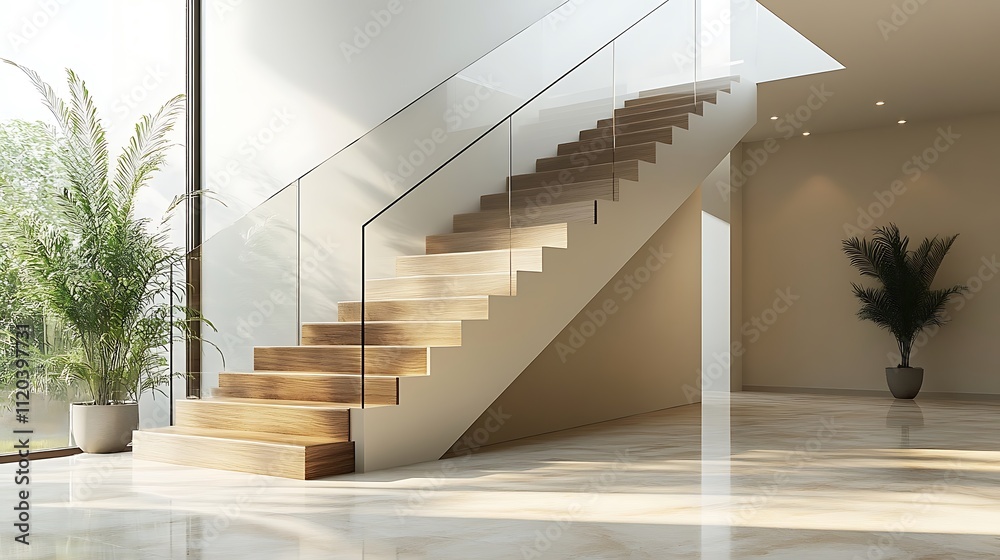 Fototapeta premium Stylish modern staircase showcasing spiral structure and illuminated wooden step details picture