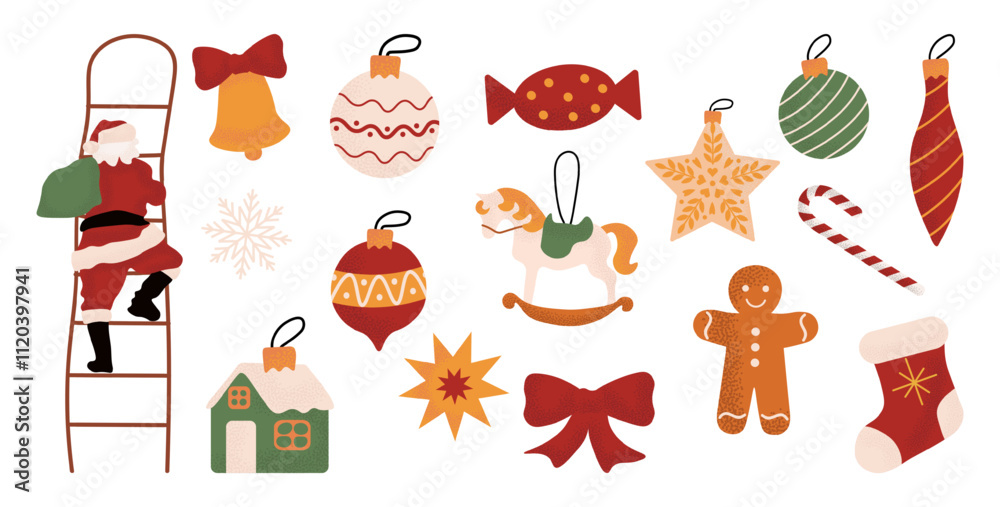 Large set of Christmas tree baubles and decorations. Collection of beautiful decorative toys. Christmas ornaments Large set of Christmas tree baubles and decorations. Collection of beautiful decorative toys. Christmas ornaments