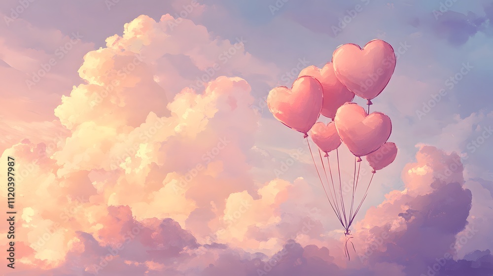 Fototapeta premium Heart Shaped Balloons Soaring Through Pastel Clouds