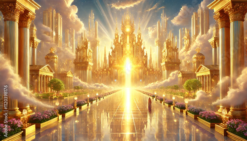 Golden Celestial City of Eternal Serenity. Generative AI photo