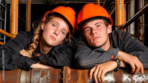 Dos ingenieros, jóvenes, europeos o nórdicos que trabajan en plataformas petrolíferas, gasoductos o industria del gas natural posan extenuados ante la cámara. photo