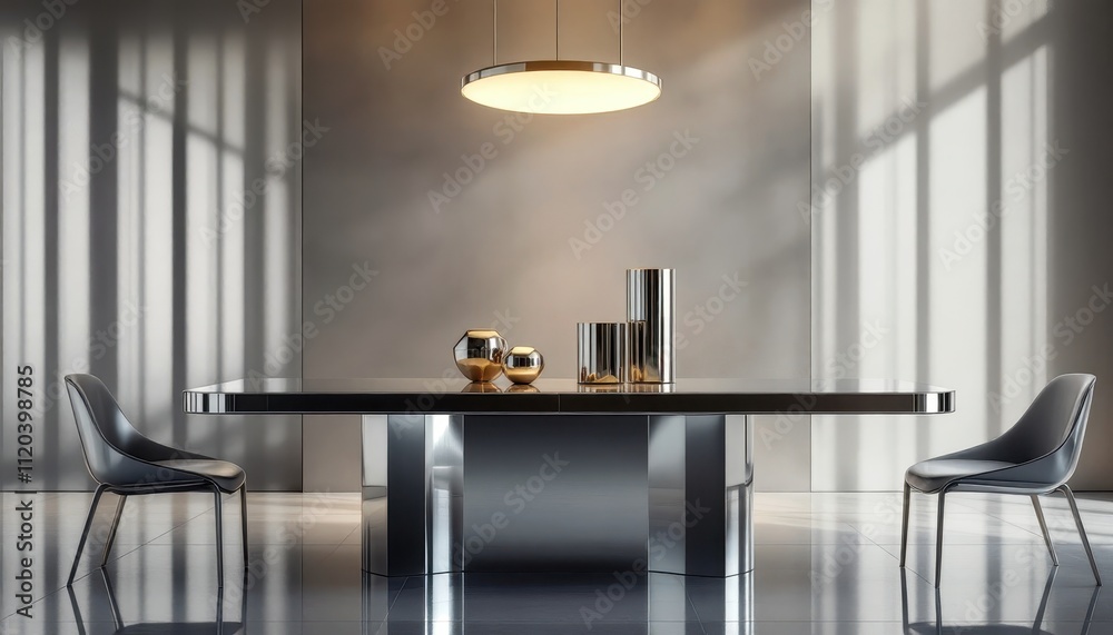 Modern chrome decor: sleek interior design with elegant table setting for home or office Modern chrome decor: sleek interior design with elegant table setting for home or office