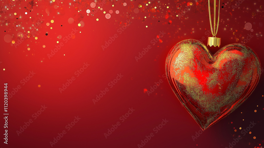 Obraz premium A red heart with gold glitter is hanging from a red background