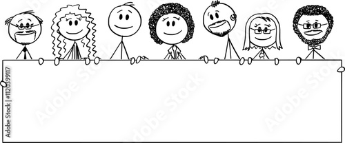 Big smiling multiracial diverse team holding empty sign , vector cartoon stick figure or character illustration.