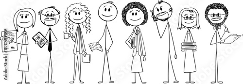Big smiling multiracial diverse busy business team, set, vector cartoon stick figure or character illustration.