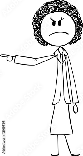 Angry black woman or African ethnicity businesswoman pointing, vector cartoon stick figure or character illustration.