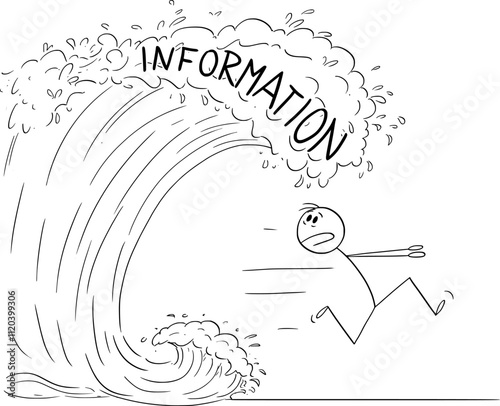 Person running away from wave of information, vector cartoon stick figure or character illustration.