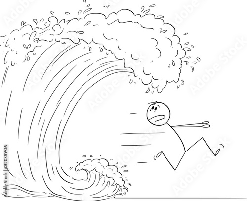 Person running away from wave , vector cartoon stick figure or character illustration.