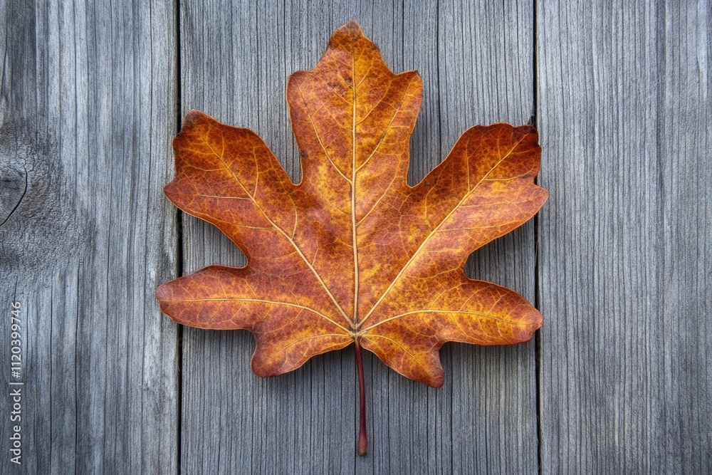 Single dried maple leaf rests on weathered grey wood background. Single dried maple leaf rests on weathered grey wood background.