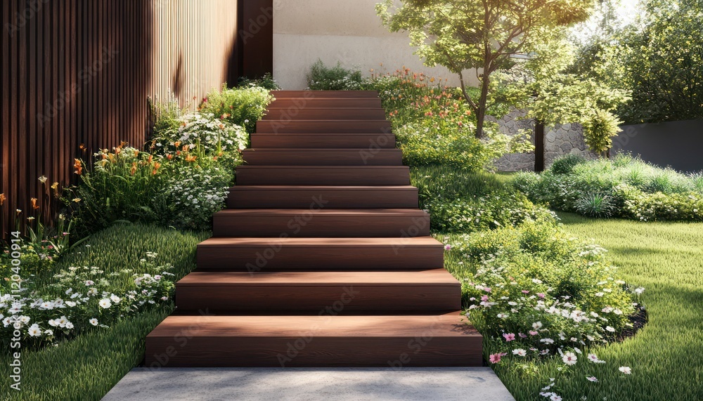 Brown wooden stairs in a private house, with landscaping elements like green grass and flowers surrounding the staircase Brown wooden stairs in a private house, with landscaping elements like green grass and flowers surrounding the staircase