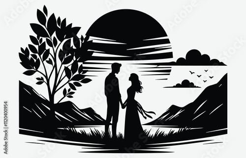 Romantic Couple in Nature Silhouette Love and Romance Outdoors Scenic Designs Valentine’s Day Graphics