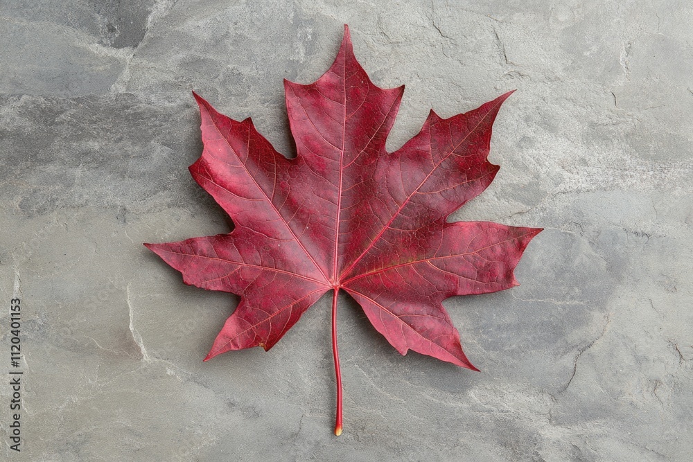 Single crimson maple leaf rests on a gray stone background, showcasing autumn's vibrant colors. Single crimson maple leaf rests on a gray stone background, showcasing autumn's vibrant colors.