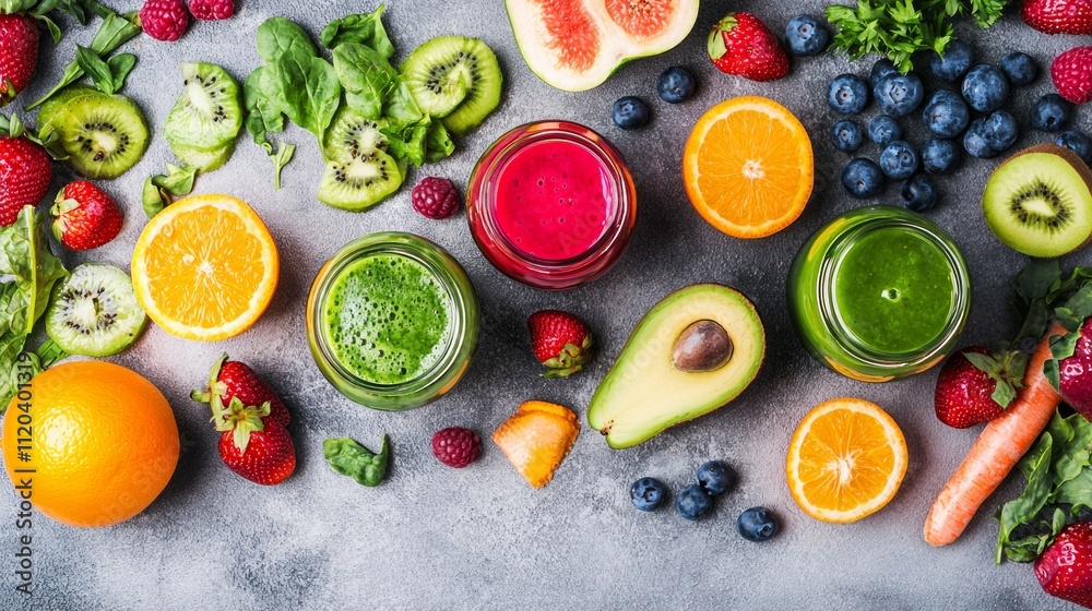 Assortment of fresh fruits and smoothies on a textured surface Assortment of fresh fruits and smoothies on a textured surface