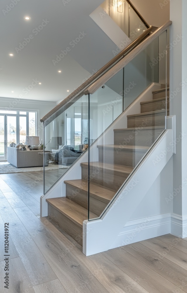Obraz premium Modern Minimalist Staircase with Clear Glass Railing and Natural Light