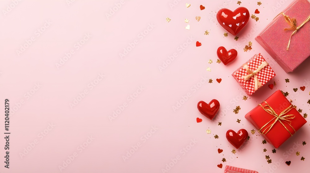 Red hearts gifts and confetti on pink background